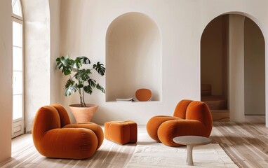 Minimalist living area with arched niches and vibrant orange seating. Light dances across the serene space.