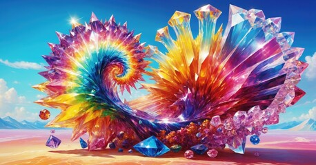 Abstract colorful crystals background. Impressive art. Fantastic mood. Treasure and natural beauty concept. Bright still photo illustration.