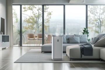 Stylish Air Purifier and House Plants - Air purifying device with a stream of clean air among indoor greenery