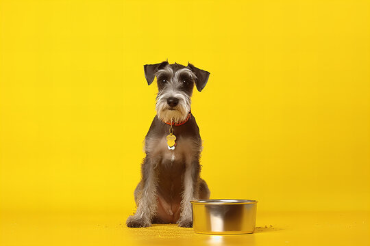 Adorable Dog Awaiting Meal on Vibrant Yellow Banner Background with Empty Bowl