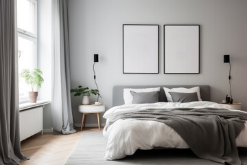 Minimalist style bedroom wall art mock up. Light grey painted walls and blank wall art posters.