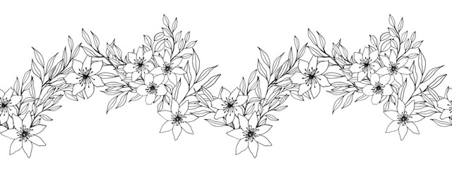 vector seamless banner with flower, leaves and branch. Elegant frame for decoration. ink monochrome botanical illustration for backgrounds. template for wedding cards, polygraphy, logo, web sites - obrazy, fototapety, plakaty