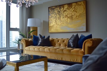 Living romm interior design with modern sofa furniture, golden artwork in wall chandelier concept
