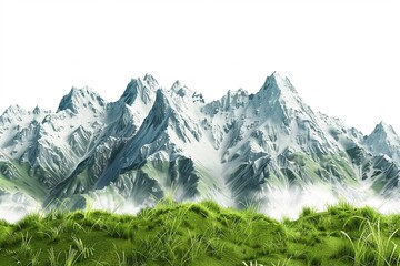 Mountains with green grass and snow isolated over white background.

