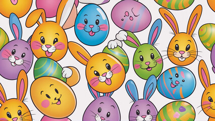 Naklejka premium Colorful Comic Style Arrangement of Easter Eggs and Easter Bunnies