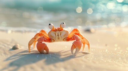 Crab on Shiny Beachfront - A bright crab stands out against the glistening shore of a beach.