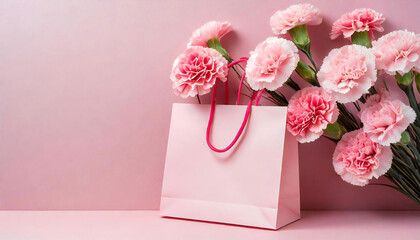 母の日のプレゼントとカーネーションのイメージ素材。Image material of Mother's Day presents and carnations.