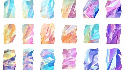 Shiny crumpled stickers. Cool set of metallic holographic sticky tape shapes cuts isolated on white background. Holo glitter stripes or snips