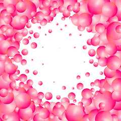 Background with realistic balls, transparent glossy bubbles. Abstract minimal design. Vector illustration. Pink balls. Eps 10