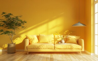 A bright yellow sofa basks in the sun, casting playful shadows on the textured wall in a cozy living space.