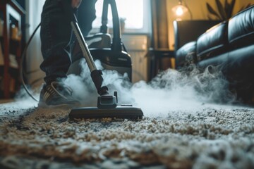 Focused Deep Carpet Cleaning - Person engaged in thorough cleaning of a textured carpet with a steam cleaner.
