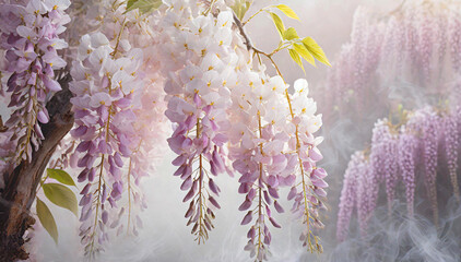 Wisteria - Glicynia, piękne pastelowe wiosenne kwiaty. Tapeta kwiatowa