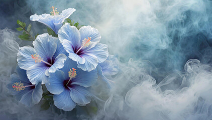 Niebieskie egzotyczne kwiaty Hibiskus. Abstrakcyjny dym - obrazy, fototapety, plakaty