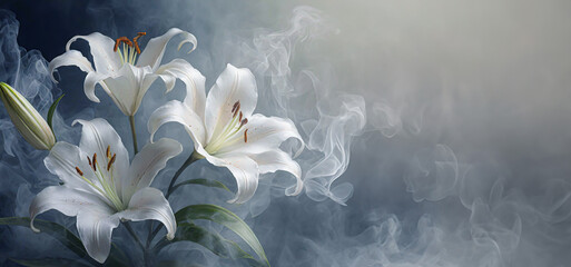 Lirios blancos, flores abstractas en humo. - obrazy, fototapety, plakaty