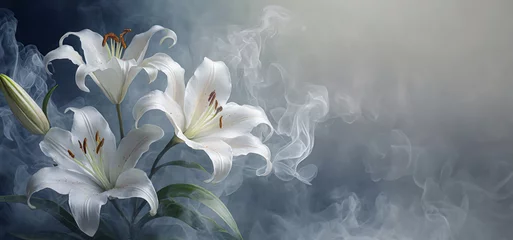 Fotobehang Lirios blancos, flores abstractas en humo. © Iwona
