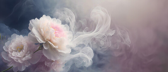 Tapeta abstrakcyjne  różowe piwonie w dymie. Pastelowe wiosenne kwiaty. Puste miejsce