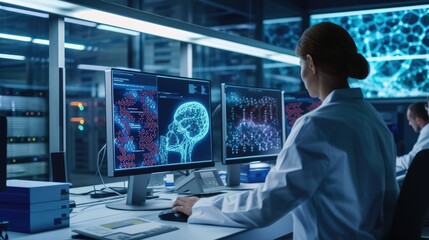 Scientists in a lab are using display devices and engineering to work on computers, exploring fonts and electric blue. They also share entertainment and art, while dealing with darkness in their job