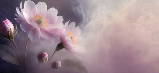 Piękne pastelowe kwiaty w dymie.  Różowe tło kwiatowe. Puste miejsce - obrazy, fototapety, plakaty