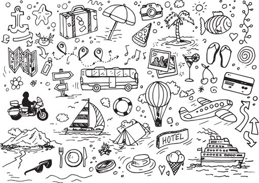 Set of travel hand drawn doodle signs, vector illustration on white background