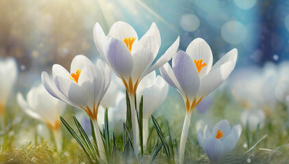 Krokusy, piękne wiosenne białe kwiaty
