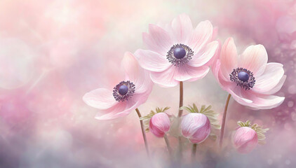 Piękne rózowe pastelowe kwiaty. Wiosenna tapeta anemony