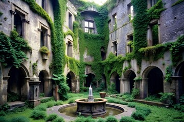 Fototapeta na wymiar Detailed Castle Courtyard Illustration Featuring Overgrown Walls, Decayed Ruins, and a Serene Fountain – Ideal for Fantasy Art Enthusiasts and Historical Architecture Admirers