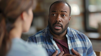 Obraz premium Remorseful Man and Concerned Woman in a Serious Discussion
