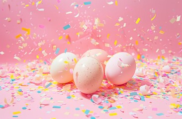 Fototapeta na wymiar a pink background with egg decorations and confetti