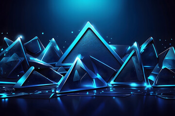 Abstract background of futuristic perforated technology with light triangles of blue neon. Banner design in vector design. - obrazy, fototapety, plakaty