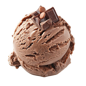 Scoop of chilled chocolate ice cream with chocolate pieces and hazelnuts on top isolated on white background.