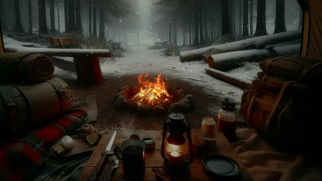 Tent camp and snowy forest