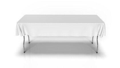 White Exhibition Tablecloth draped over an collapsible event trestle table for mockup and illustration. 3D Render with transparent background.