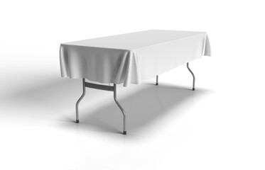 Perspective view of an isolated folding trestle table, covered with a 3d rendered blank white tablecloth. Transparent Background.