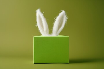 White bunny ears emerge from a green gift box on an olive isolated background. Whimsical Easter Bunny Ears Popping Out of a Vibrant Green Gift Box