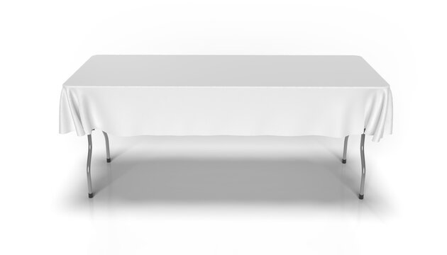 White Exhibition Tablecloth draped over an collapsible event trestle table for mockup and illustration. 3D Render with transparent background.