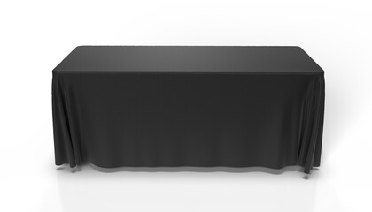Black Tablecloth draped over a rectangular table and isolated. 3D render illustration for mockups. Top Front View.
