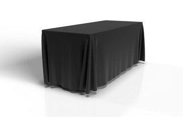 Black Tablecloth draped over a rectangular table and isolated. 3D render illustration for mockups. Perspective View.