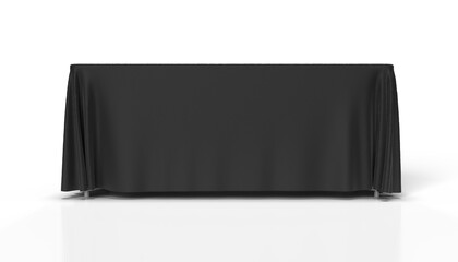 Black Tablecloth draped over a rectangular table and isolated. 3D render illustration for mockups. Front View.