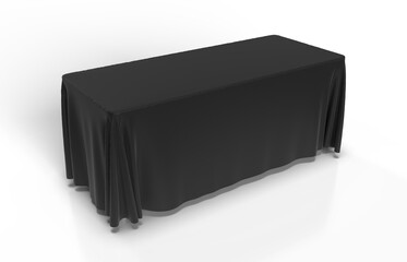 Black Tablecloth draped over a rectangular table and isolated. 3D render illustration for mockups. Top Perspective View.