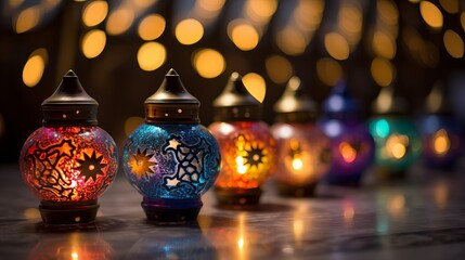 Various colorful Ramadan lamps lit up against illuminated decorative lighting background - obrazy, fototapety, plakaty