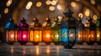 Various colorful Ramadan lamps lit up against illuminated decorative lighting background - obrazy, fototapety, plakaty