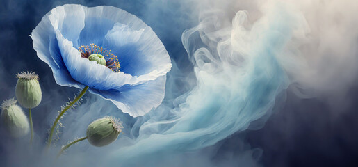 Pastelowy niebieski kwiat, abstrakcyjny mak i dym. Abstrakcyjne niebieskie tło kwiatowe - obrazy, fototapety, plakaty