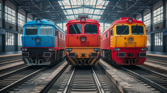 Illustration of the front view of Three colorful trains at the station, Generative AI image