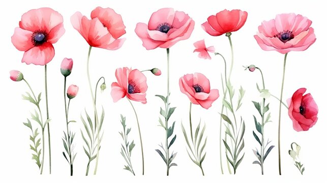 Watercolor painting poppy flower. Isolated flowers on white background. Set of Pink and red poppy flower painting. Hand painted watercolor floral, flower background