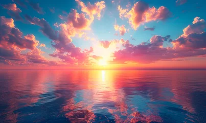 Fototapeten Sunset over the water with birds flying against sunlight on the Mediterranean Sea. © Tjeerd