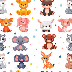 Seamles pattern with cute animals isolated White