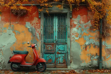 Foto op Canvas Red scooter parked on the street in front of a old door and plastered wall. © Tjeerd
