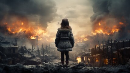 Dramatic Scene with Girl and Ruins - A compelling image showcasing the contrast of innocence against the backdrop of destruction. This evocative scene captures the essence of resilience and hope amids - obrazy, fototapety, plakaty