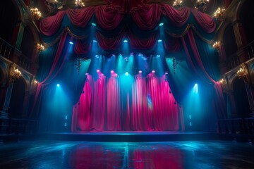 Luxurious Red Theater Curtains with Lighting - Sumptuous red velvet theater curtains under dramatic lighting, evoking the classic allure of the performing arts.