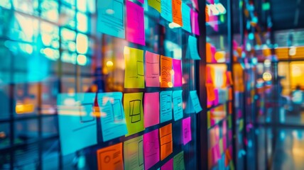 Strategic Planning with Sticky Notes - A glass window filled with colorful sticky notes showcases strategic planning and the organization of thoughts in a corporate setting. - obrazy, fototapety, plakaty